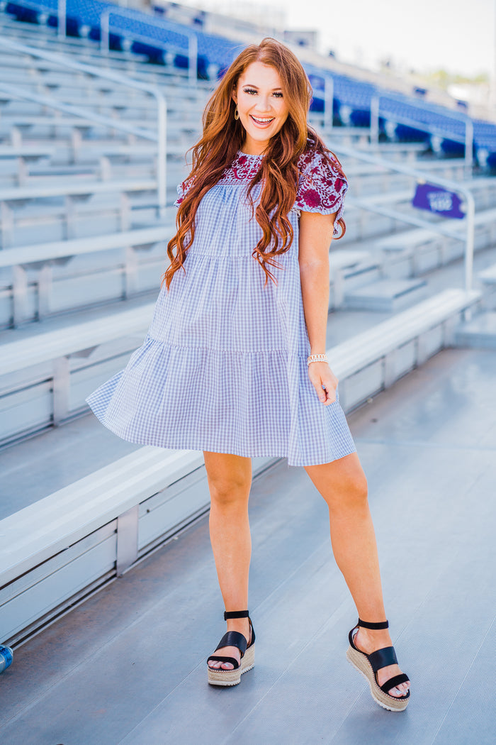 layerz clothing grey and white checkered dress with maroon details