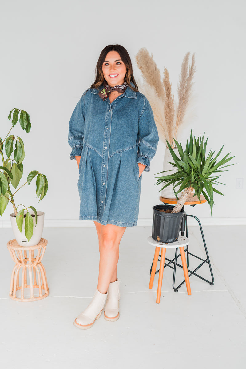layerz denim pearl snap button dress drew dress