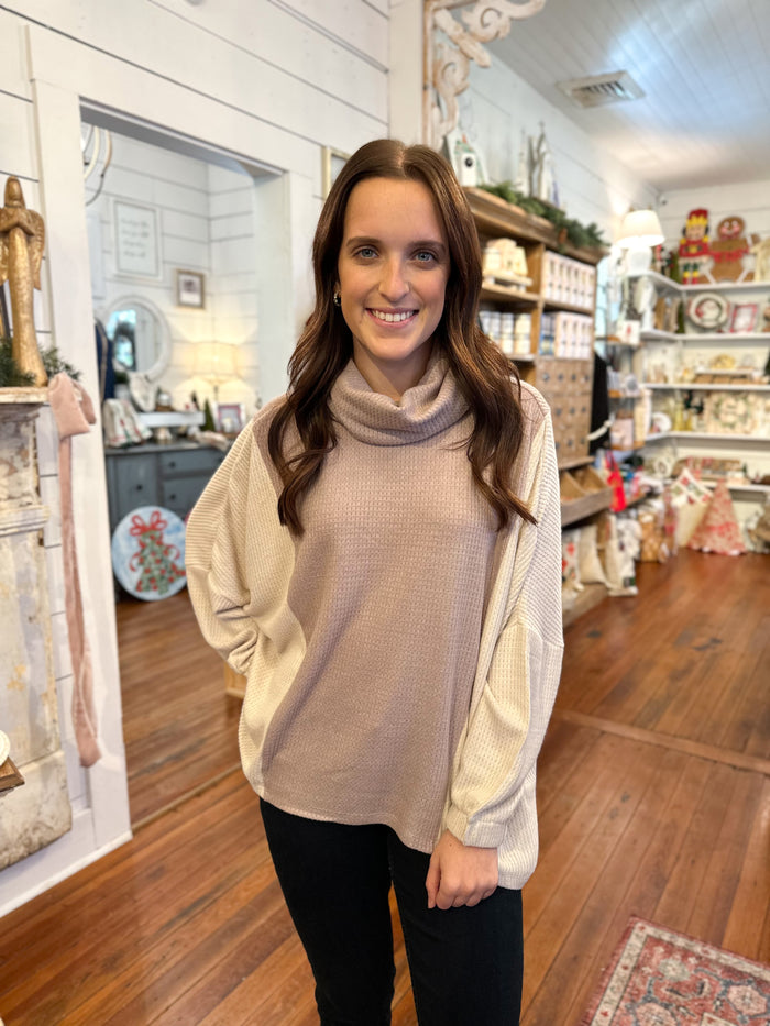 cream and beige cowl neck sweater top
