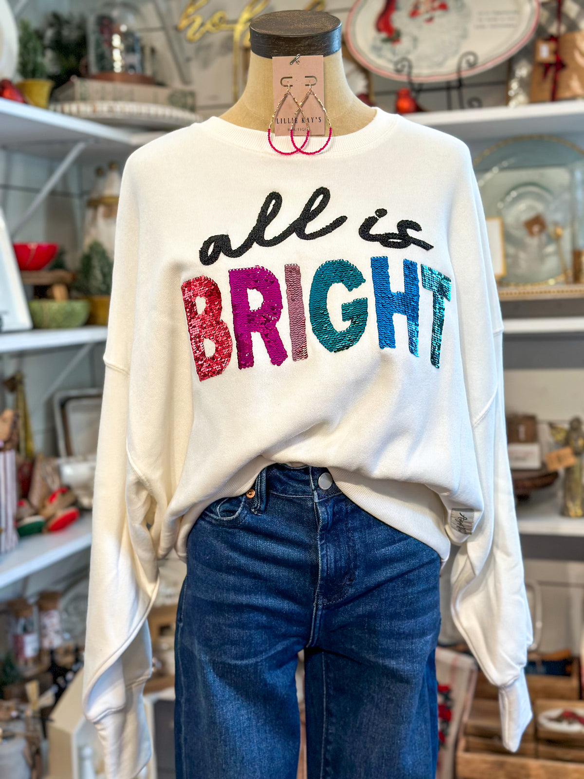all is bright pull over with colorful sequins on white balloon sleeve sweater