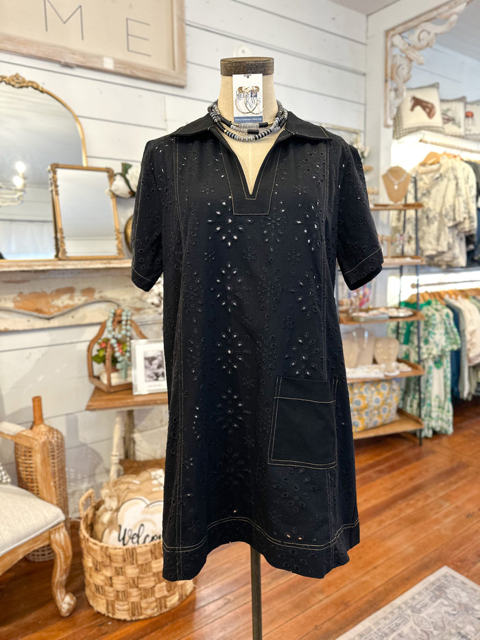 black cotton eyelet lace dress short sleeve