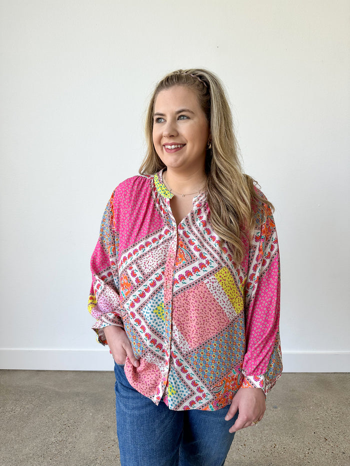 pink patchwork flowy top with buttons