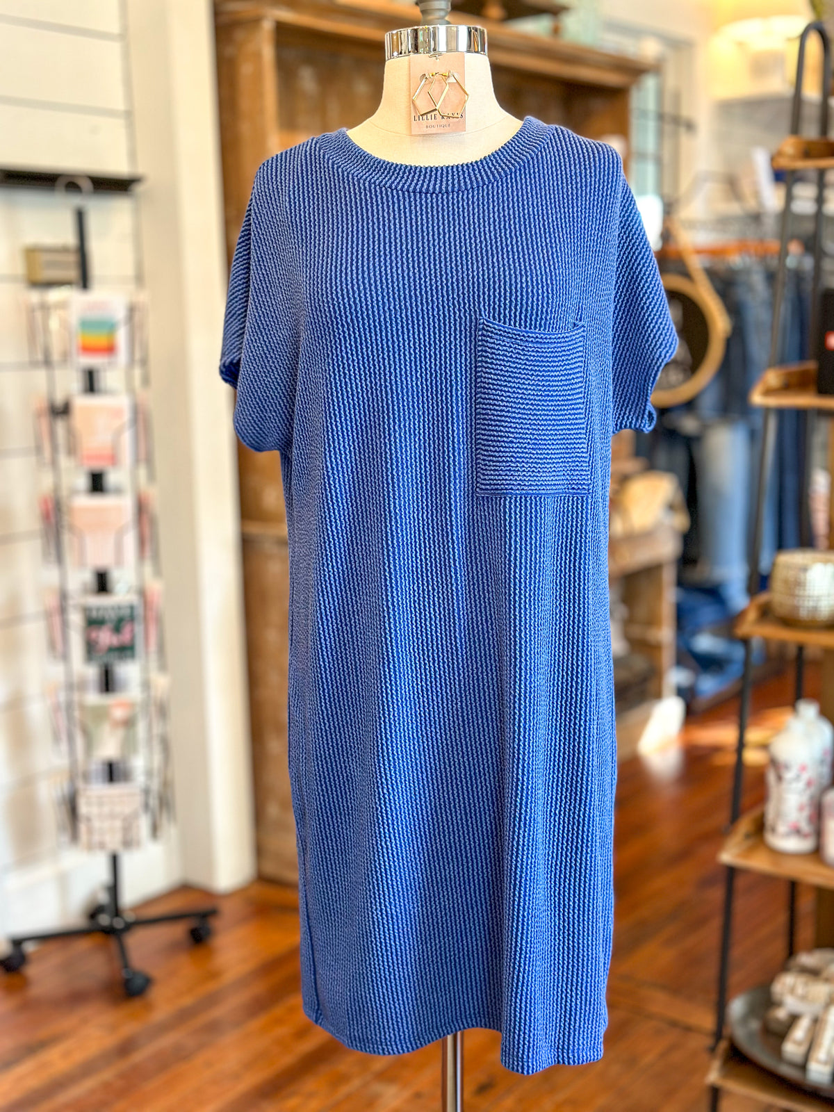 blue ribbed style tshirt dress with pocket on front chest