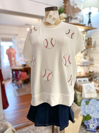 white baseball sequin top 

