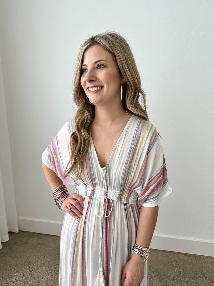 white color dress with multi color stipes