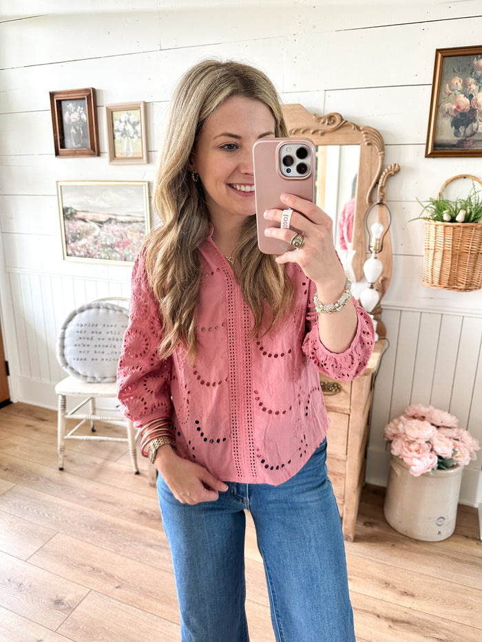 cherry pink eyelet lace 3 quarter sleeve top 