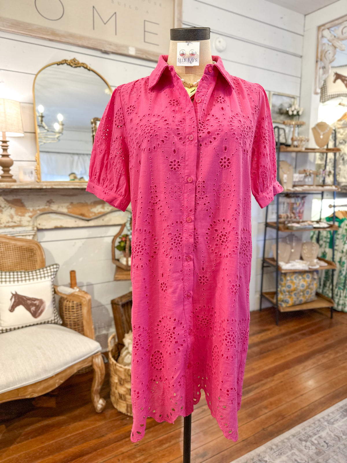 pink eyelet button down dress 