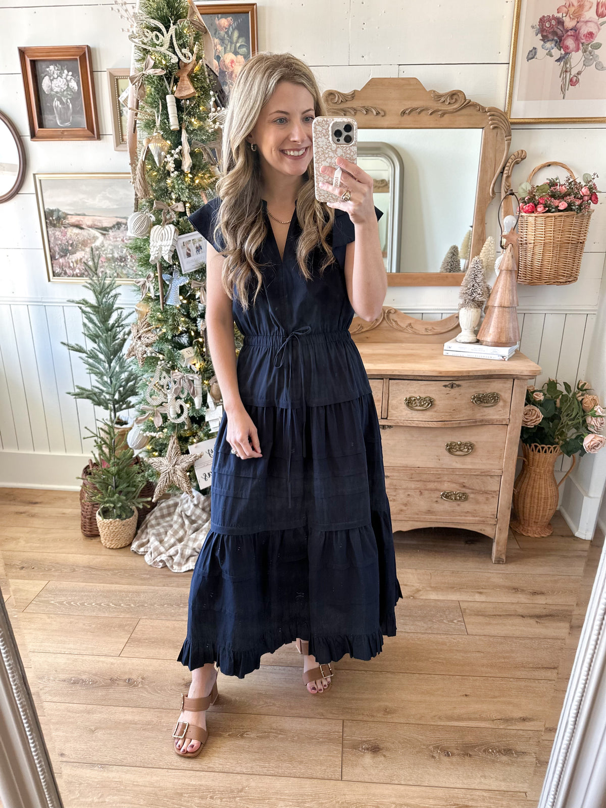 navy blue maxi dress with flutter sleeves size small shown 