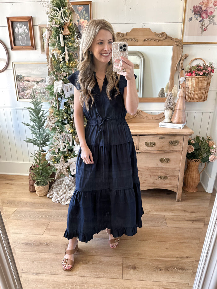 navy blue maxi dress with flutter sleeves size small shown 