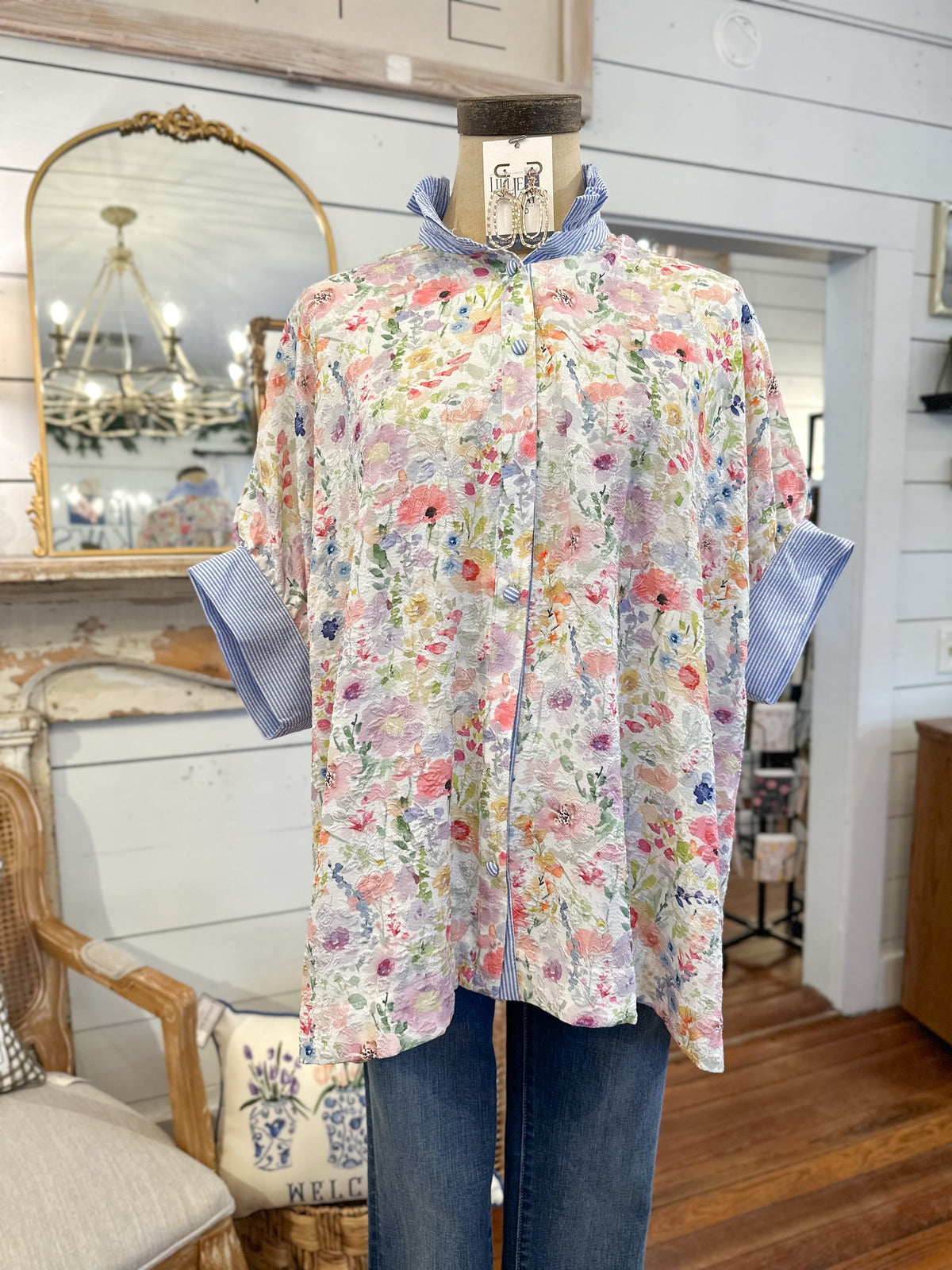 multi color floral blouse button up front 