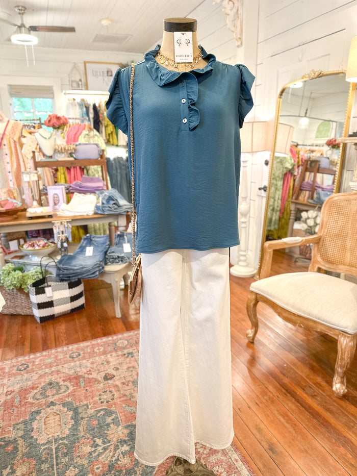 teal color blouse with ruffle sleeves 