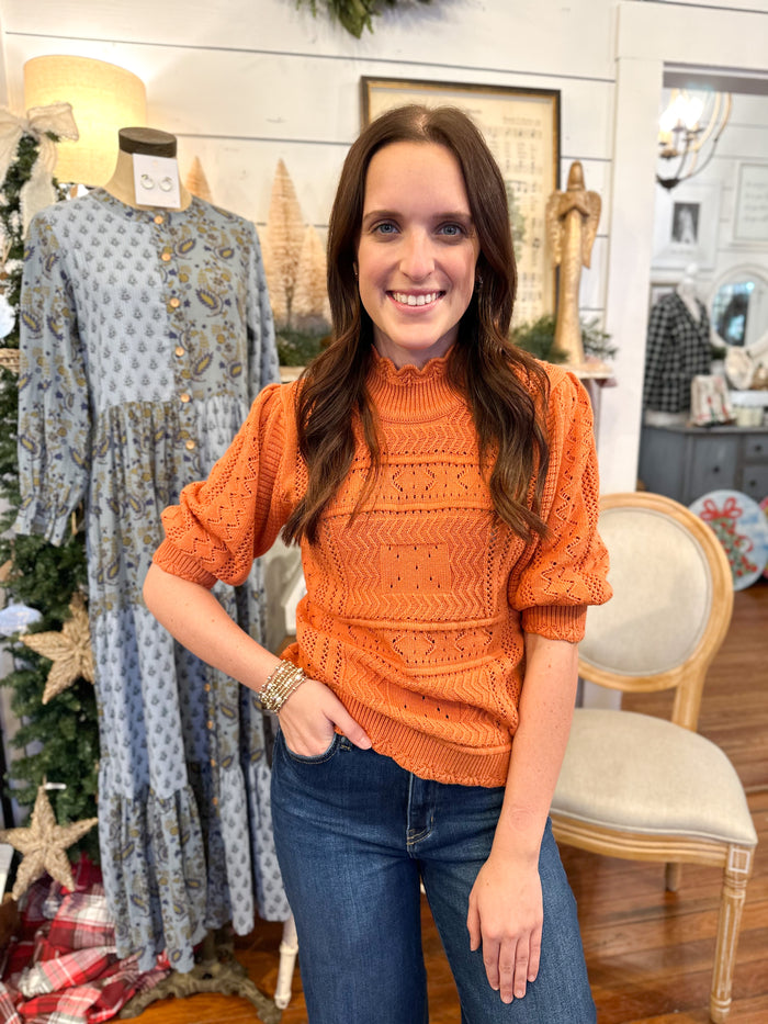 ORANGE SHORT SLEEVE SWEATER TOP
