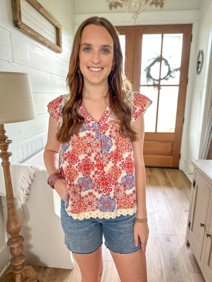 another love multi color print top with lace details