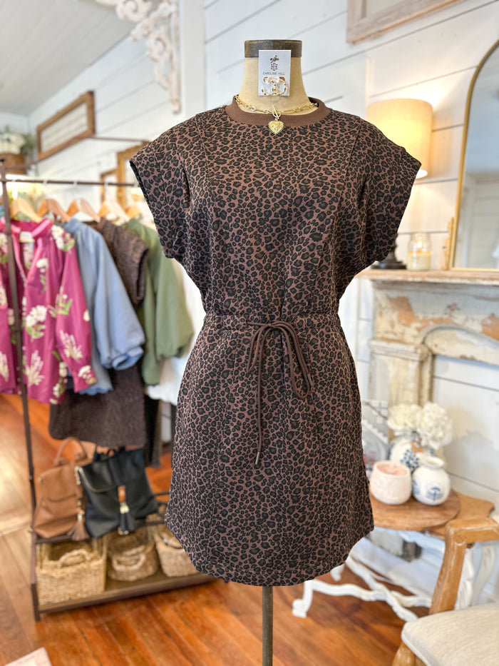 Brown patterned dress on a mannequin in a store setting with clothing racks and decor.