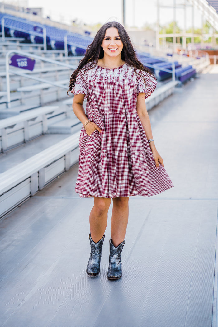 maroon and white checkered dress with white embroidered details layerz clothing evans dress