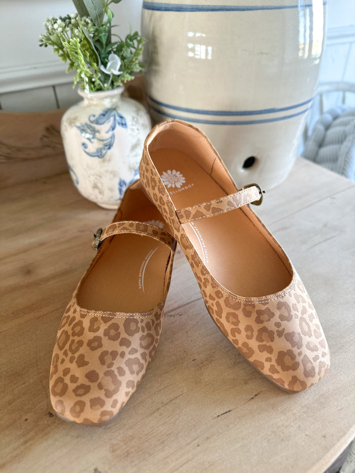 Pair of leopard print shoes on a wooden surface with decorative items in the background.