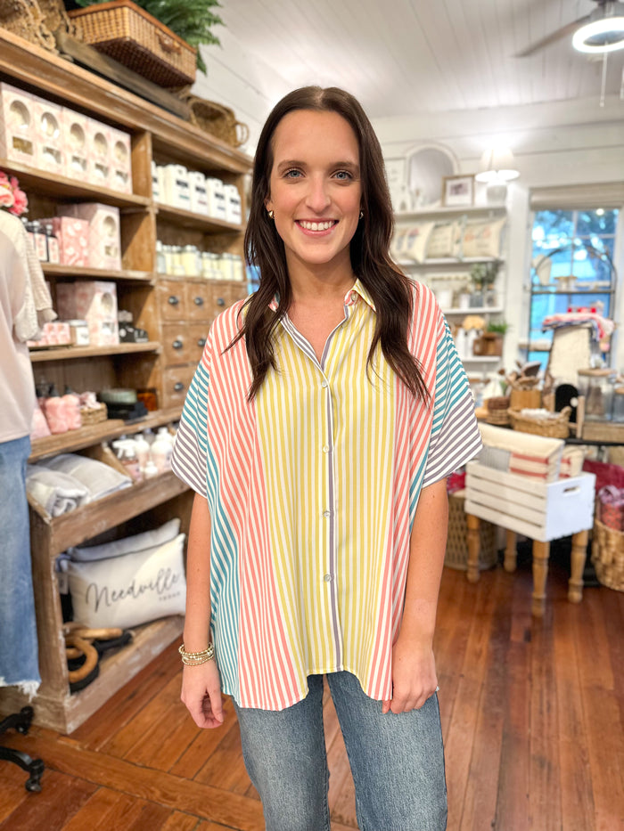 multi color stripe short sleeve top button down front 