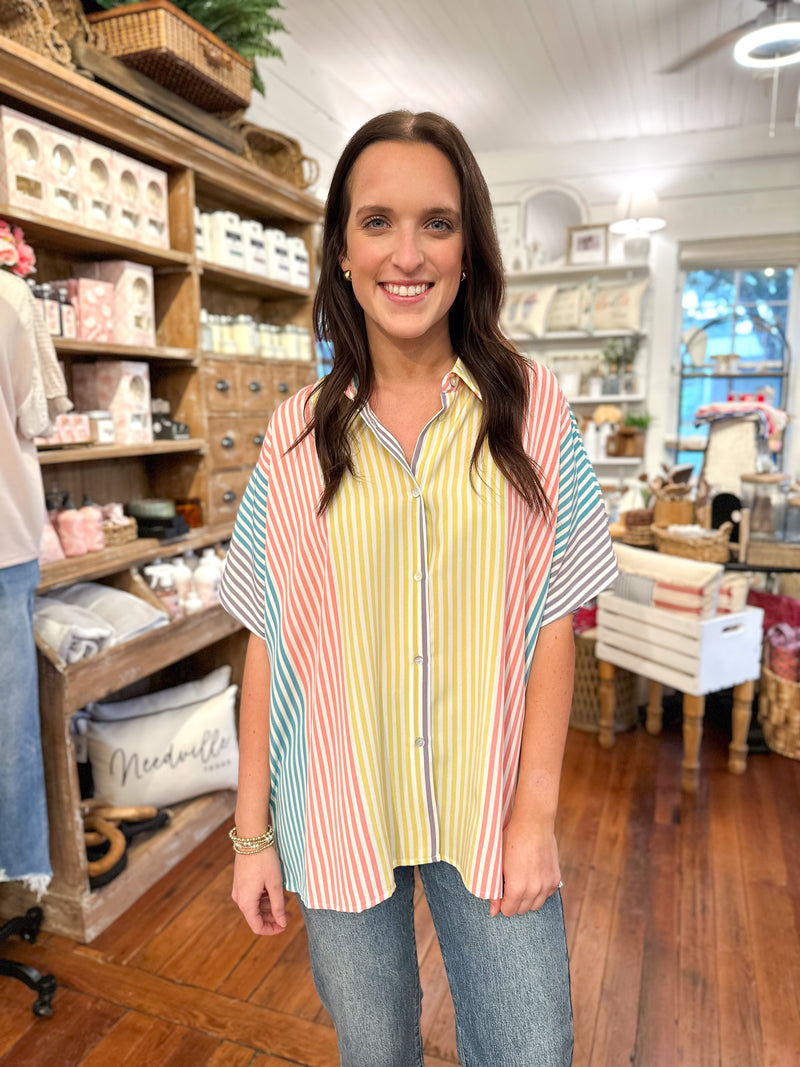 multi color stripe short sleeve top button down front 