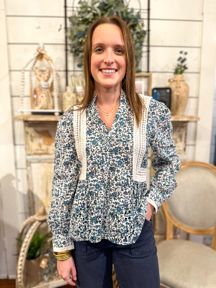 blue and green floral long sleeve top