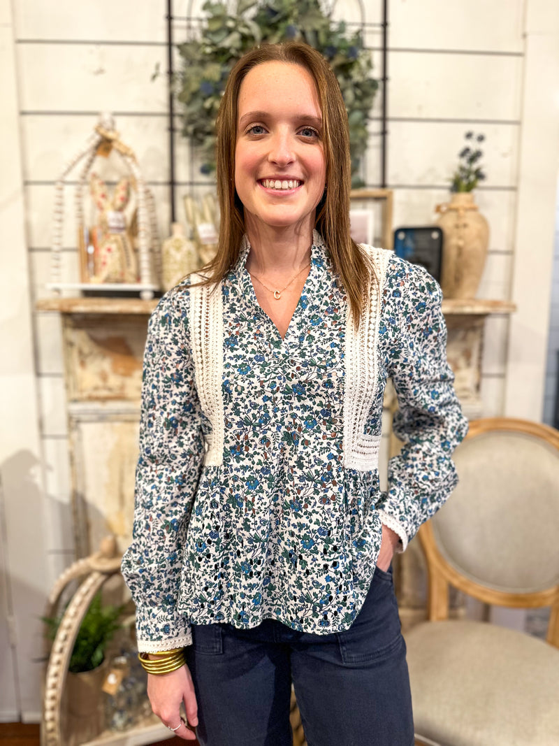 blue and green floral long sleeve top