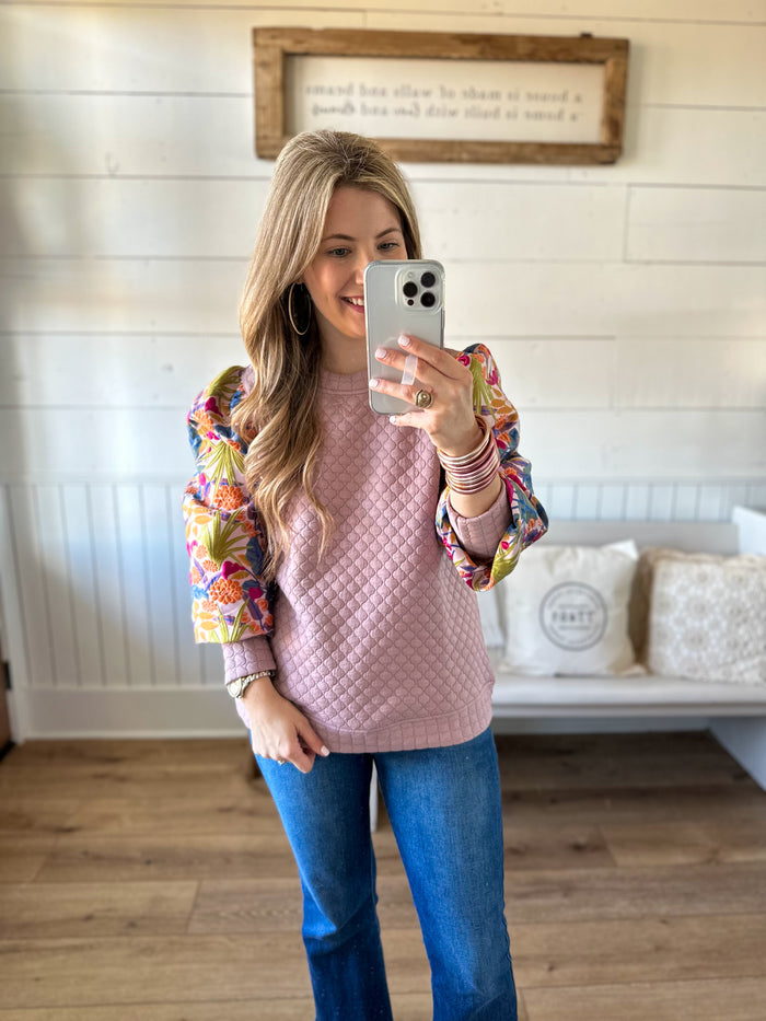 mauve quilted top with floral puff sleeves