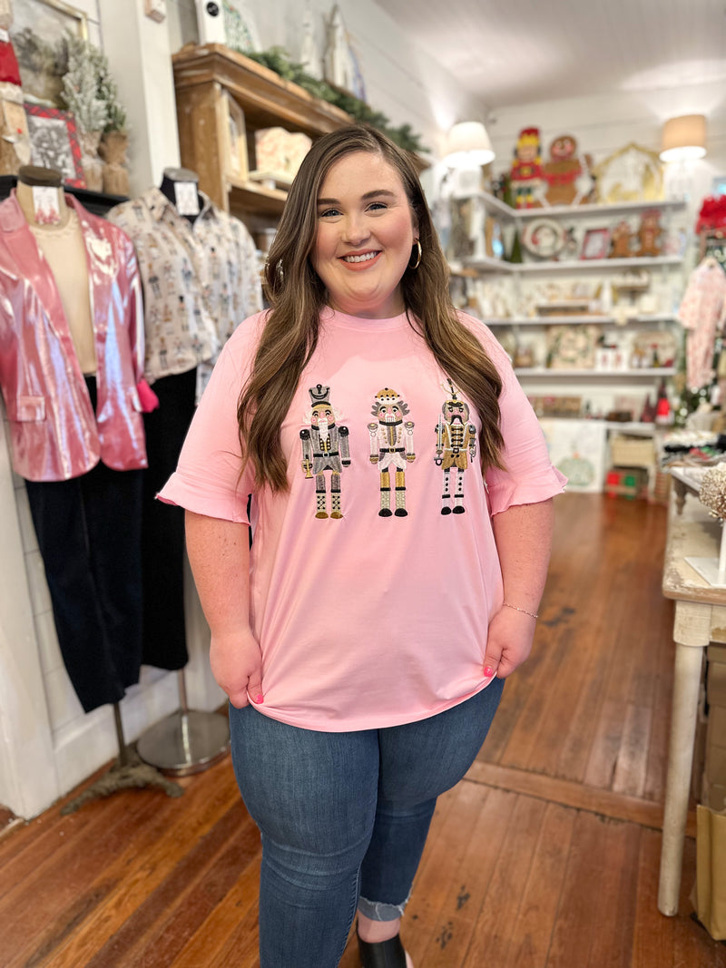layerz clothing clara tee pink ruffle sleeve short sleeve with embroidered nutcrackers 