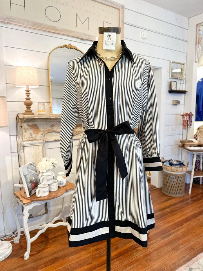 black and cream stripe dress with adjustable belt 