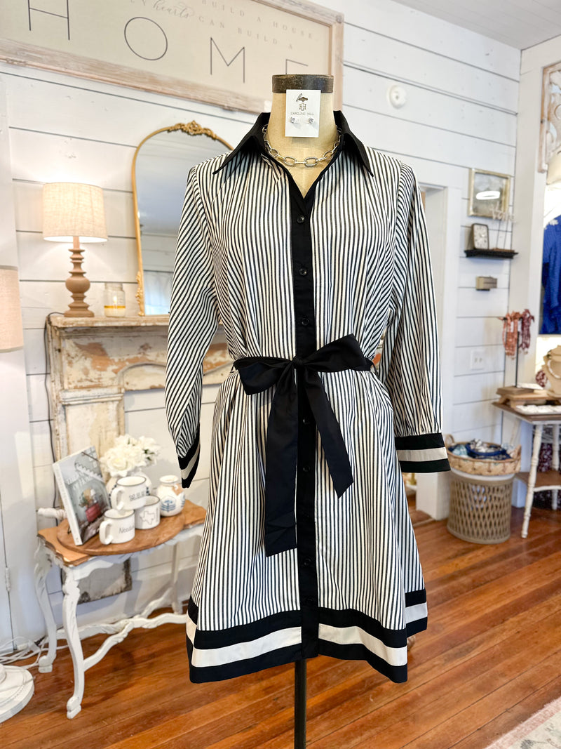 black and cream stripe dress with adjustable belt 