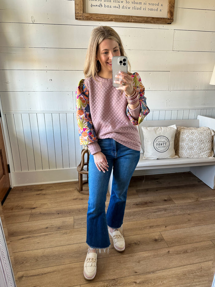 mauve pink quilted puff sleeve top long sleeve
