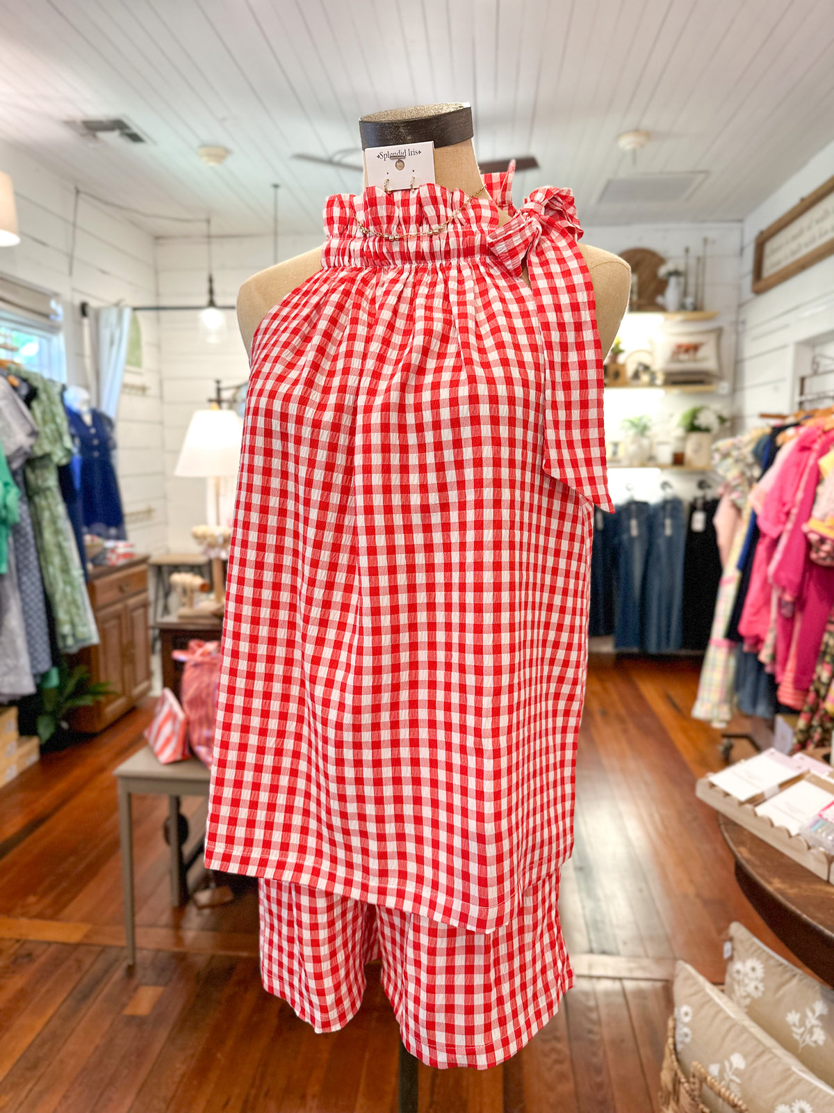 Red and white checkered dress on a mannequin in a store setting