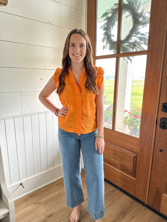 bright orange eyelet lace top