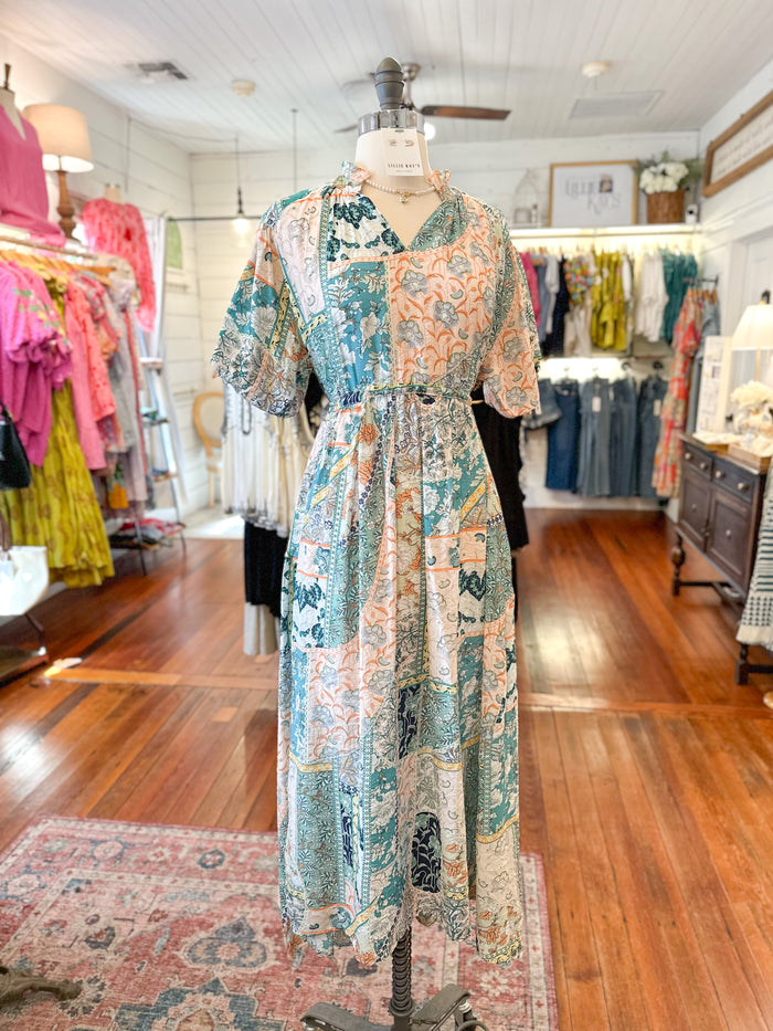 blue/teal pattern print dress 
