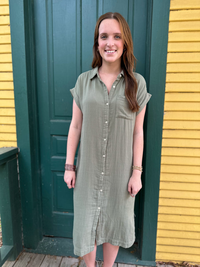 sage green button down dress with cap sleeves