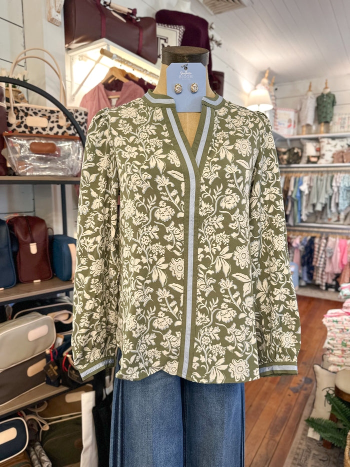 fall floral olive green and cream long sleeve blouse 