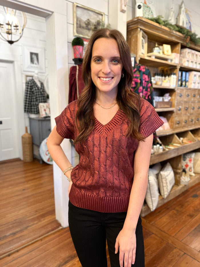 shimmery burgundy sweater top short sleeve