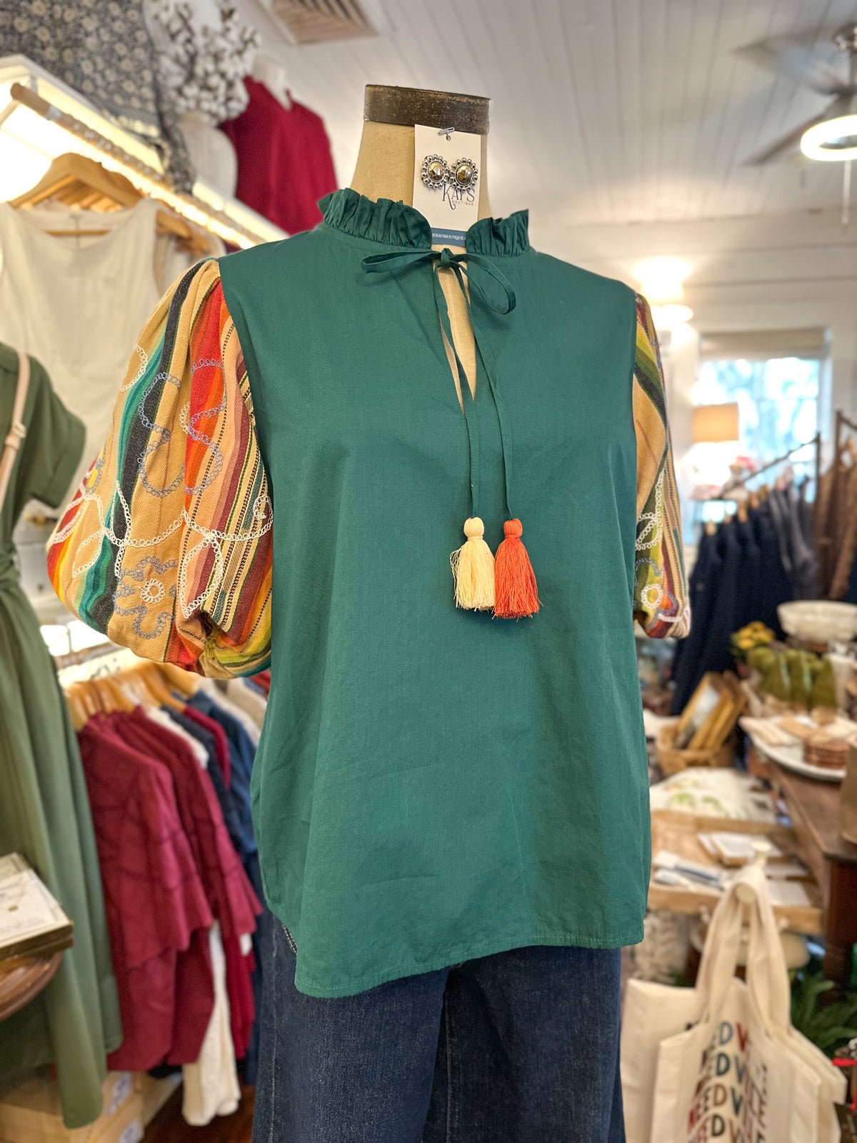 green blouse with serape puff sleeves with embroidery oh my stars apparel top 