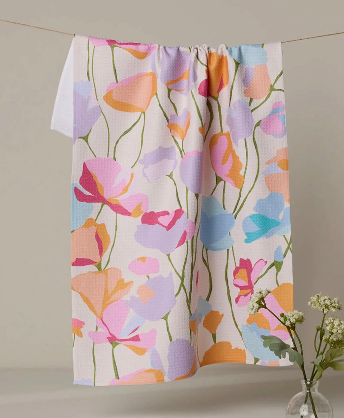 Floral patterned curtain with colorful flowers on a neutral background