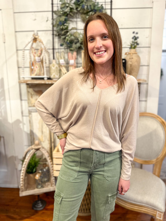 taupe color v neck long sleeve top