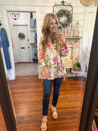 cream color floral top with buttons long sleeve