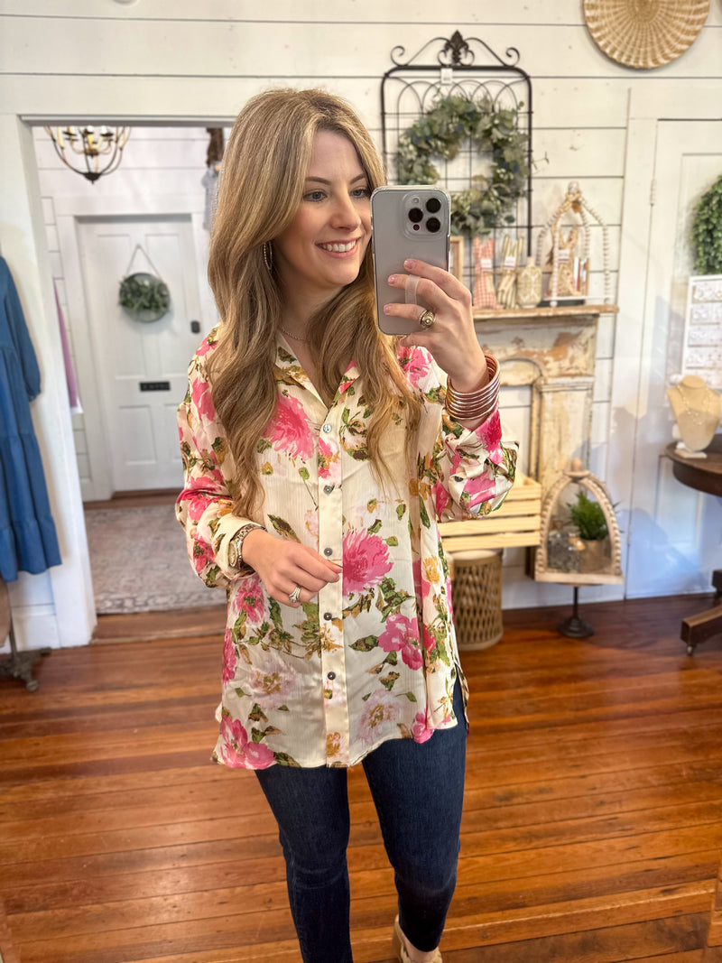 cream color floral button down top long sleeves