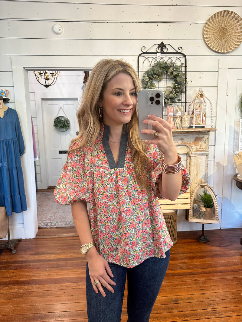 multi color floral puff sleeve top