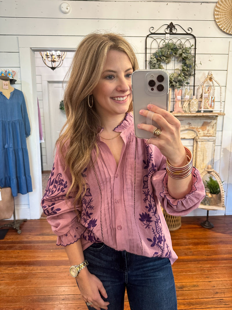 purple embroidered sleeve top with buttons
