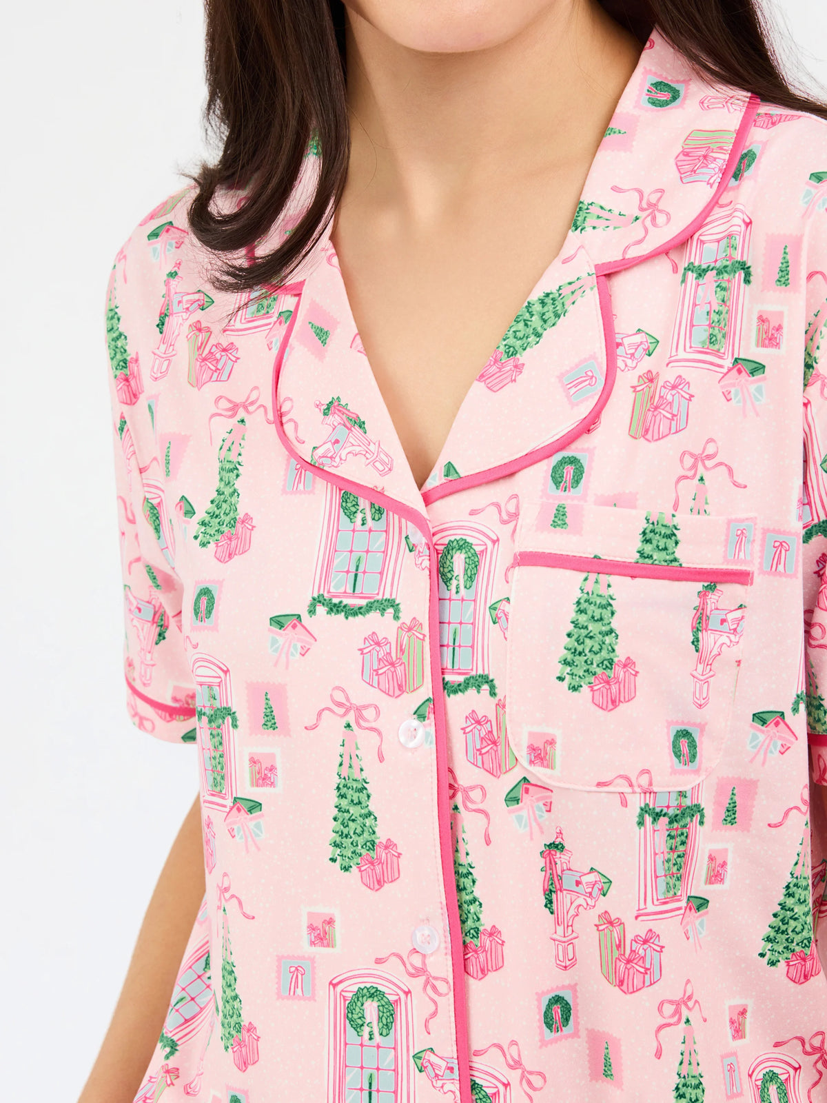 pink womens christmas cottage holiday pajama set 
