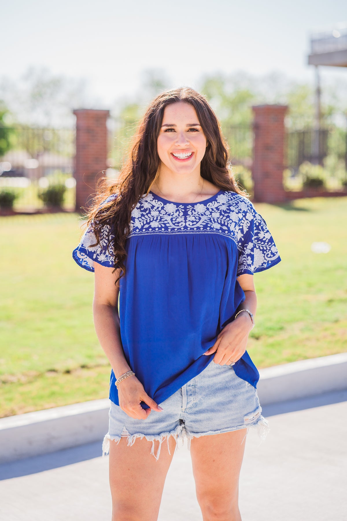 royal blue and white embroidered top layerz clothing