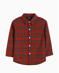 little boy red plaid button down holiday shirt