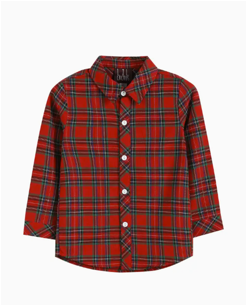 little boy red plaid button down holiday shirt