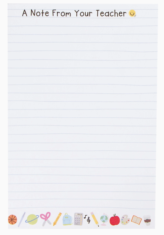 Note from your teacher with lined paper and various icons at the bottom