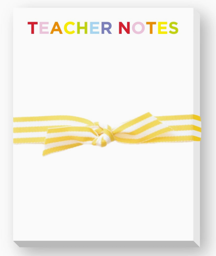 Notebook with a yellow and white striped bow on a white background, labeled 'Teacher Notes'.