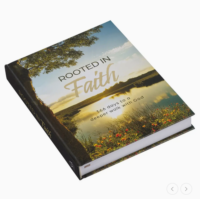 Book titled 'Rooted in Faith' with a scenic cover featuring a lake and trees.