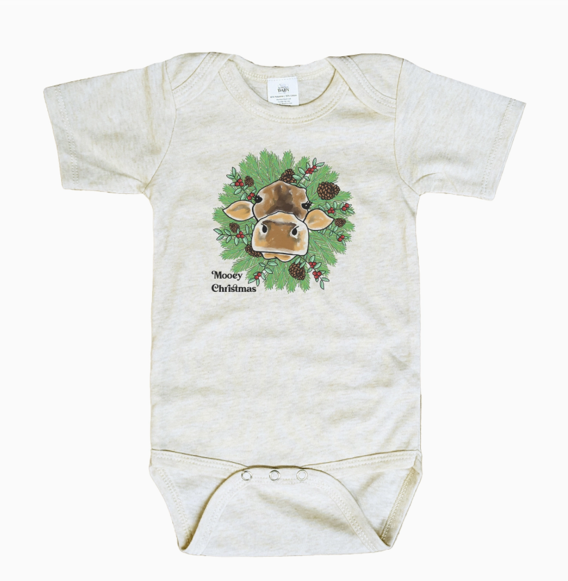 Baby short sleeve one piece with a cow and wreath design on a white background